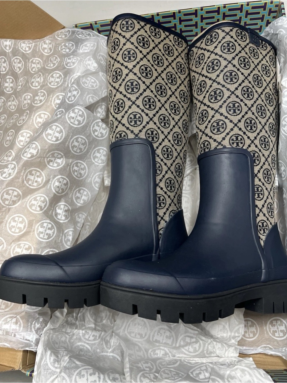 Tory Burch Tall T Monogram Hurricane Rain Boots Navy Blue Size: 8